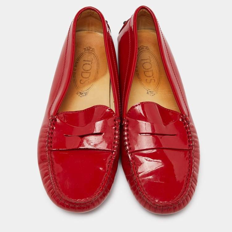 Pre Owned Tod's Red Patent Leather Penny Slip On Loafers Size 36.5