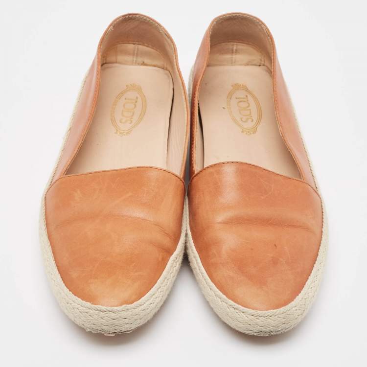 Pre Owned Tod's Brown Leather Espadrille Flats Size 38