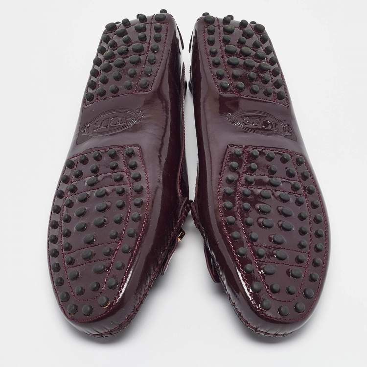 Pre Owned Tod's Plum Patent Leather Safety Pin Detail Fringe Loafers Size 37.5