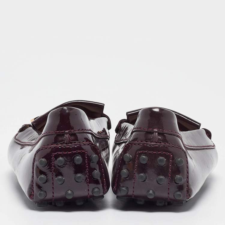 Pre Owned Tod's Plum Patent Leather Safety Pin Detail Fringe Loafers Size 37.5