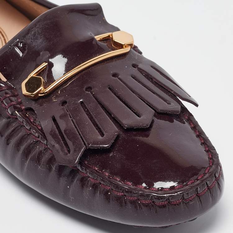 Pre Owned Tod's Plum Patent Leather Safety Pin Detail Fringe Loafers Size 37.5