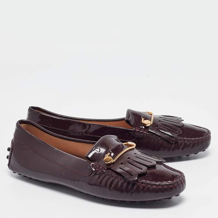 Pre Owned Tod's Plum Patent Leather Safety Pin Detail Fringe Loafers Size 37.5