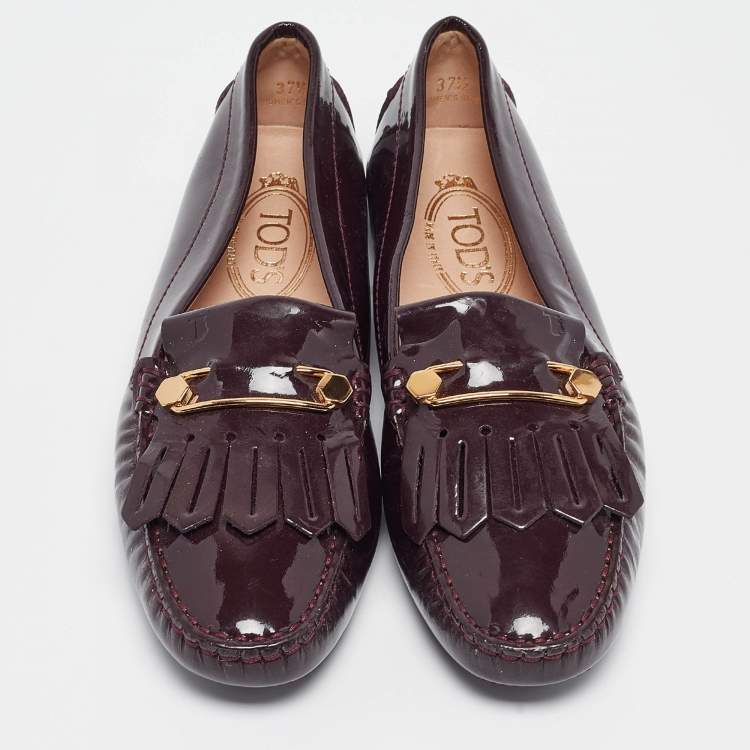 Pre Owned Tod's Plum Patent Leather Safety Pin Detail Fringe Loafers Size 37.5