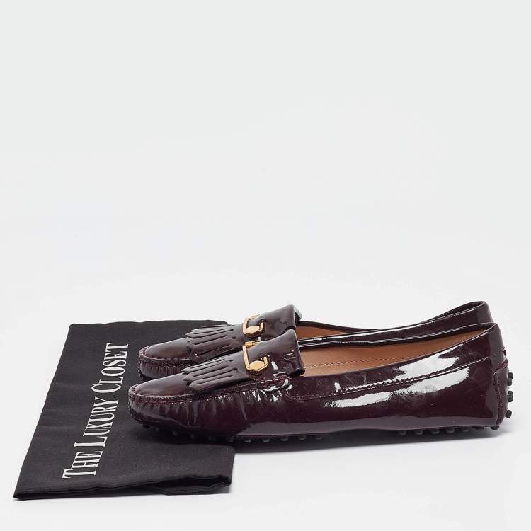 Pre Owned Tod's Plum Patent Leather Safety Pin Detail Fringe Loafers Size 37.5