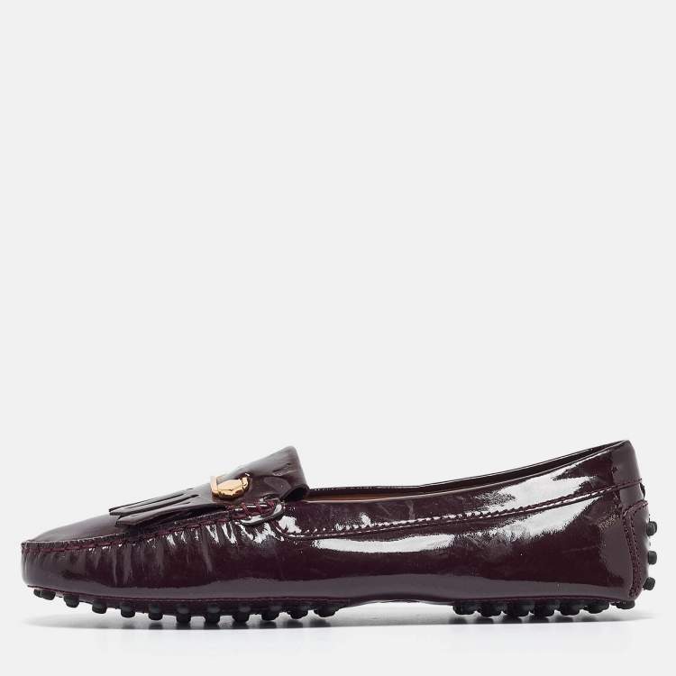 Pre Owned Tod's Plum Patent Leather Safety Pin Detail Fringe Loafers Size 37.5