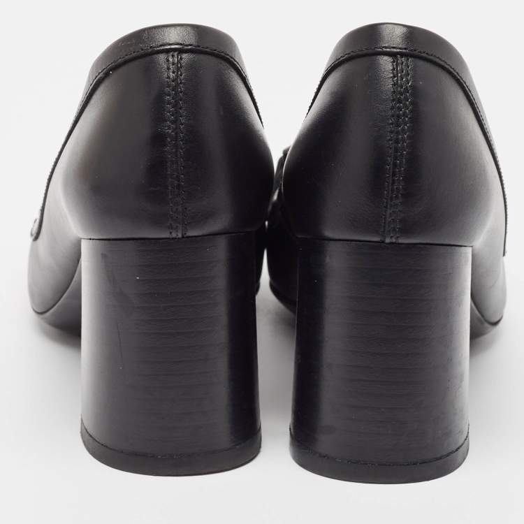 Pre Owned Tod's Black Leather Double T Buckle Fringed Loafer Pumps Size 36