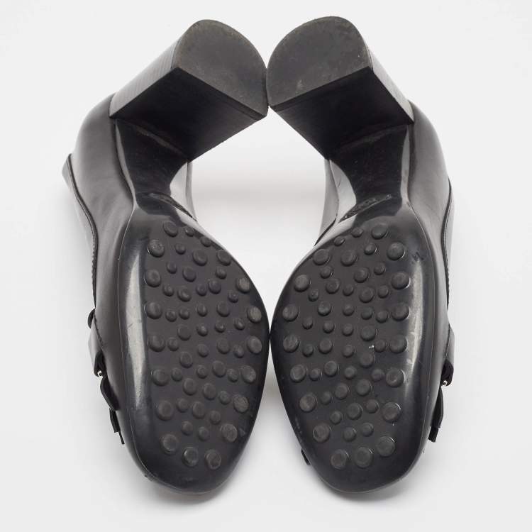 Pre Owned Tod's Black Leather Double T Buckle Fringed Loafer Pumps Size 36
