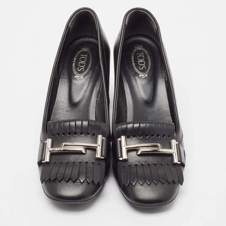 Pre Owned Tod's Black Leather Double T Buckle Fringed Loafer Pumps Size 36