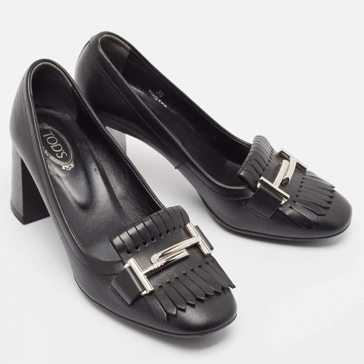 Pre Owned Tod's Black Leather Double T Buckle Fringed Loafer Pumps Size 36