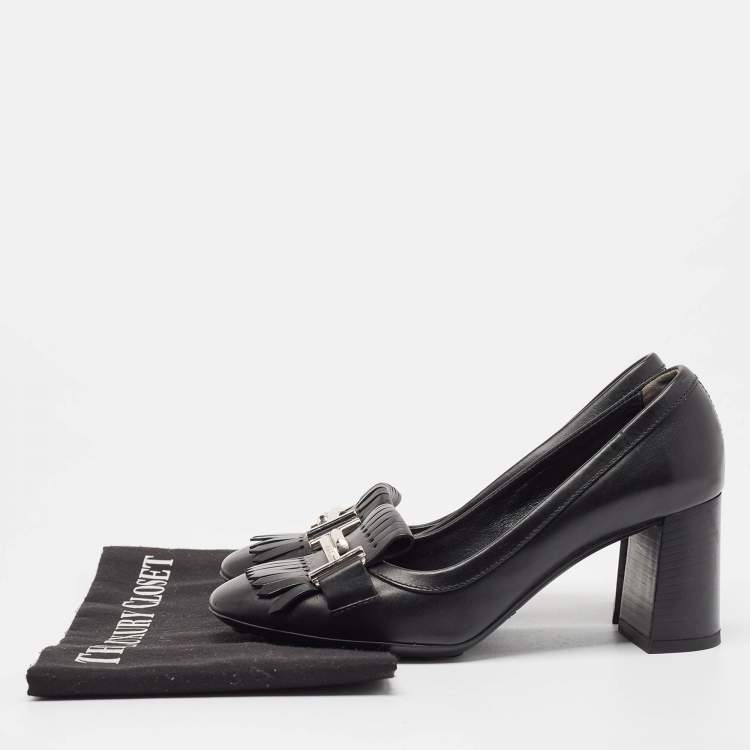 Pre Owned Tod's Black Leather Double T Buckle Fringed Loafer Pumps Size 36