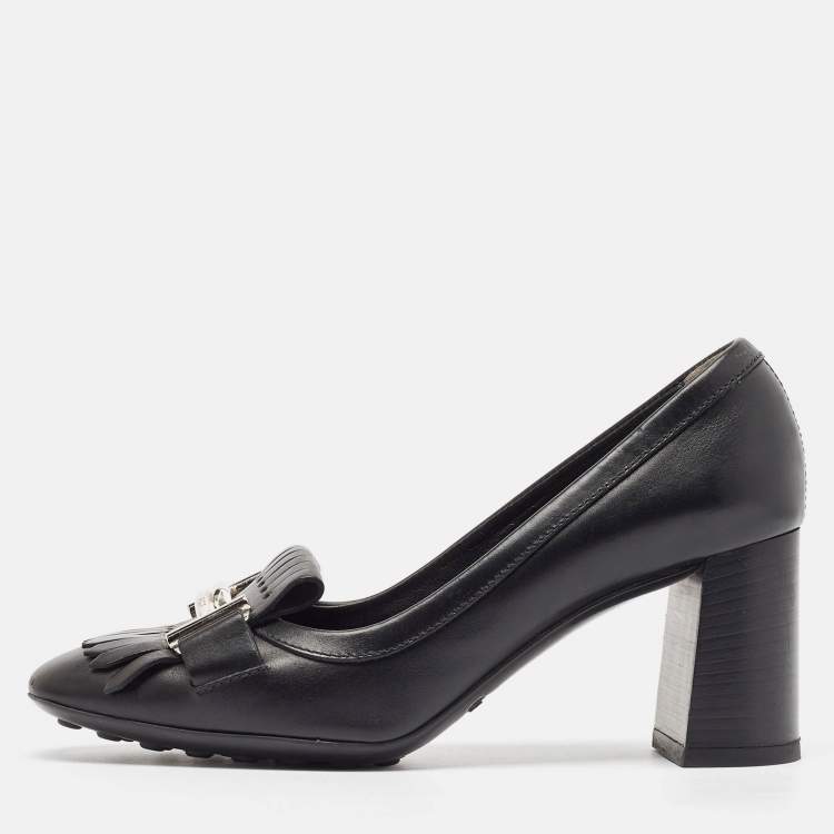Pre Owned Tod's Black Leather Double T Buckle Fringed Loafer Pumps Size 36