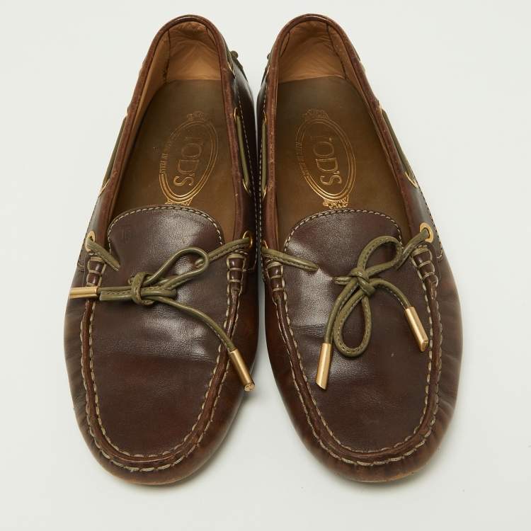 Pre Owned Tod's Brown/Olive Leather Bow Slip On Loafers Size 37.5