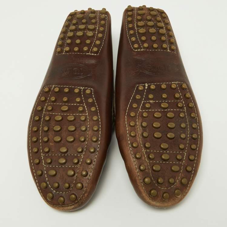 Pre Owned Tod's Brown/Olive Leather Bow Slip On Loafers Size 37.5