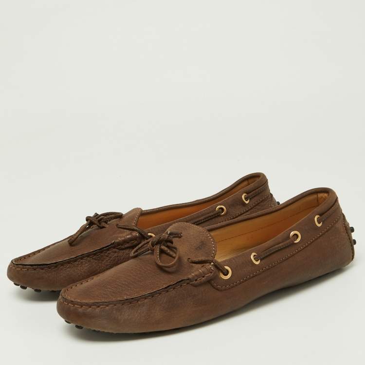 Pre Owned Tod's Brown Leather Bow Slip On Loafers Size 40
