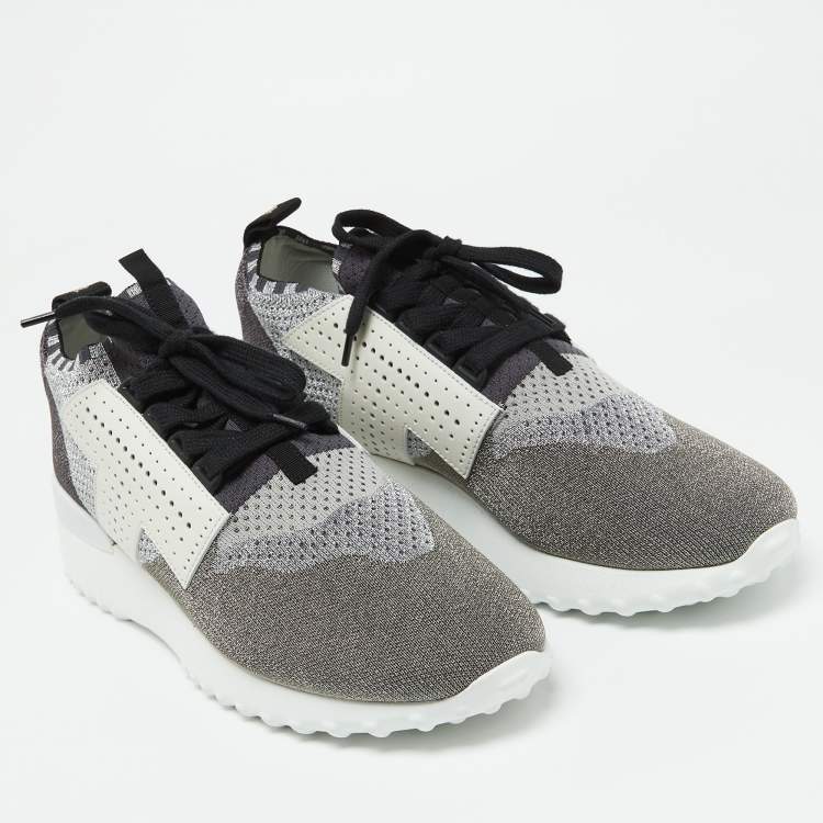 Pre Owned Tod's Multicolor Knit Fabric and Leather Lace Up Sneakers Size 40.5