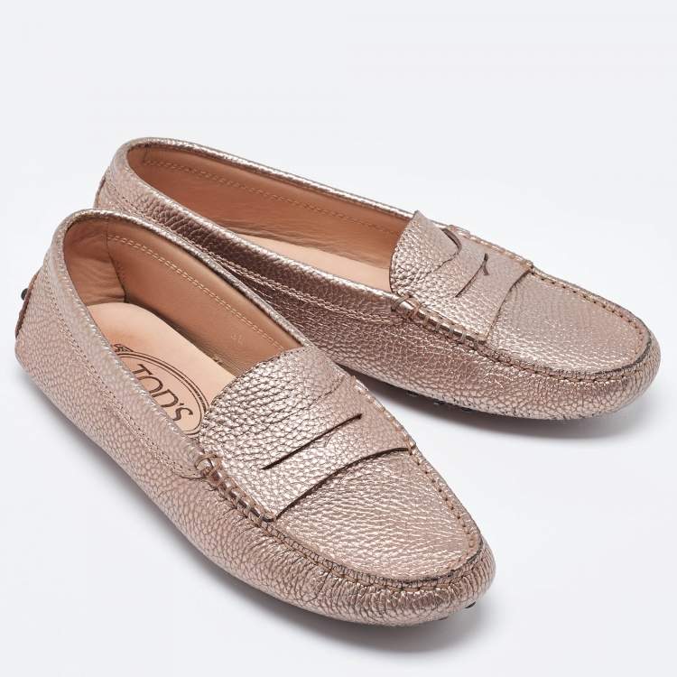 Pre Owned Tod's Metallic Leather Gommino Driving Loafers Size 34