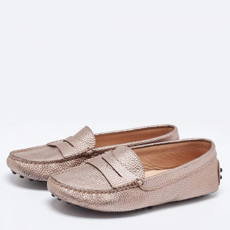 Pre Owned Tod's Metallic Leather Gommino Driving Loafers Size 34