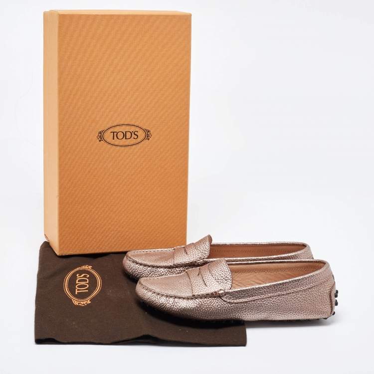 Pre Owned Tod's Metallic Leather Gommino Driving Loafers Size 34