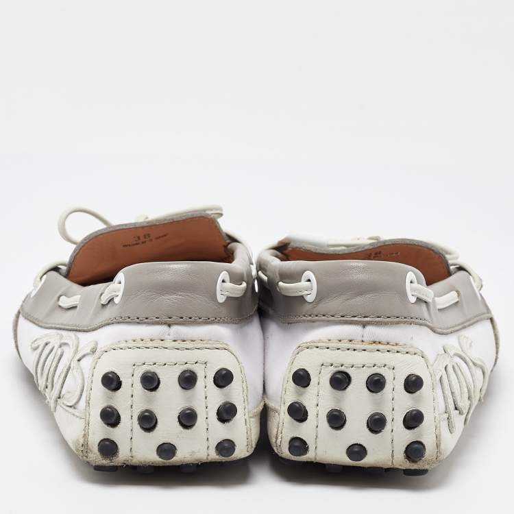 Pre Owned Tod's Grey/White Suede and Leather Bow Slip On Loafers Size 38