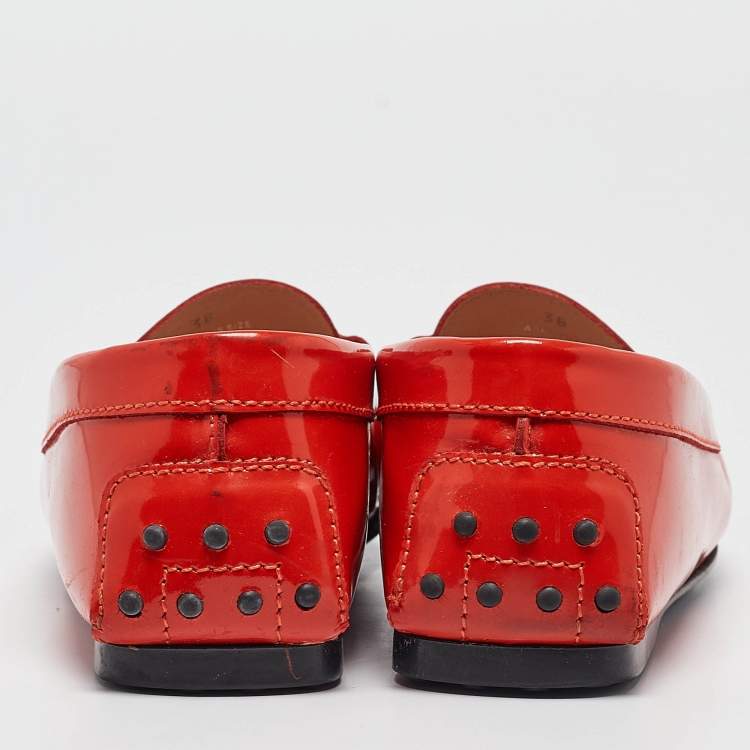 Pre Owned Tod's Red Patent Leather Gommino Loafers Size 38