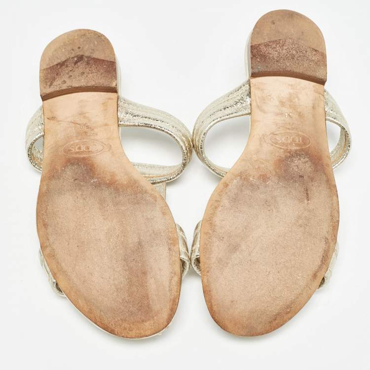 Pre Owned Tod's Gold Textured Leather Double T Strap Flat Slides Size 38