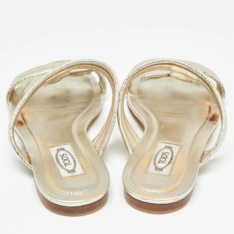 Pre Owned Tod's Gold Textured Leather Double T Strap Flat Slides Size 38