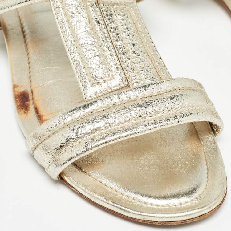 Pre Owned Tod's Gold Textured Leather Double T Strap Flat Slides Size 38