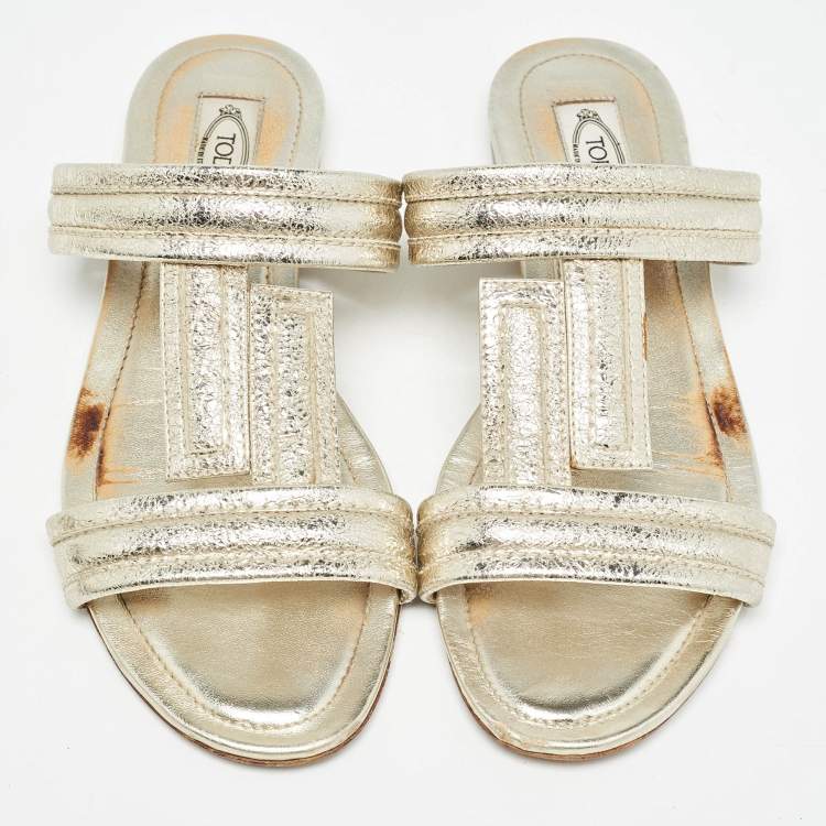 Pre Owned Tod's Gold Textured Leather Double T Strap Flat Slides Size 38