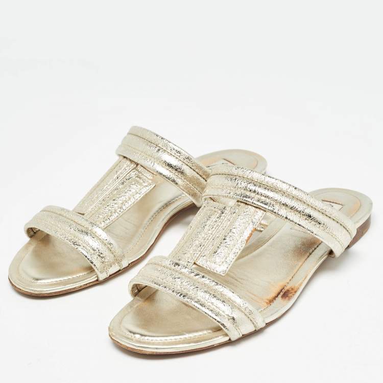Pre Owned Tod's Gold Textured Leather Double T Strap Flat Slides Size 38
