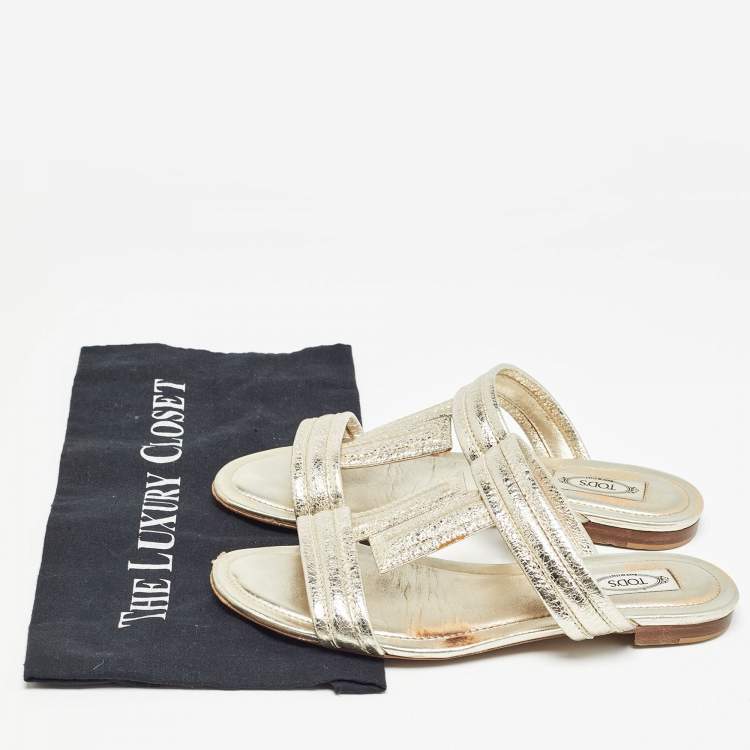 Pre Owned Tod's Gold Textured Leather Double T Strap Flat Slides Size 38