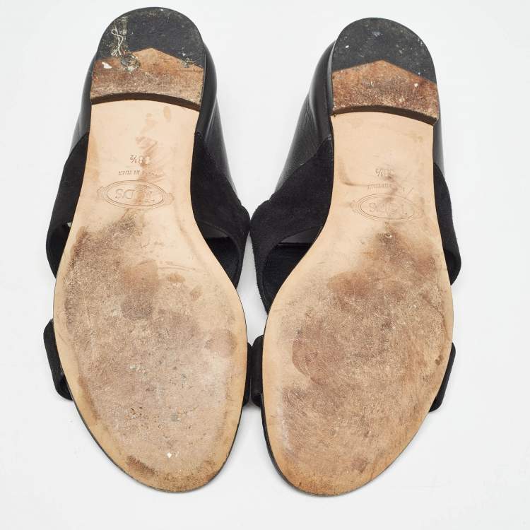 Pre Owned Tod's Black Suede and Leather Flat Sandals Size 38.5