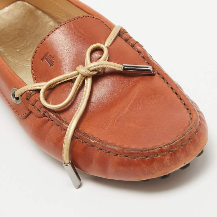Pre Owned Tod's Brown Leather Gommino Bow Slip On Loafers Size 36