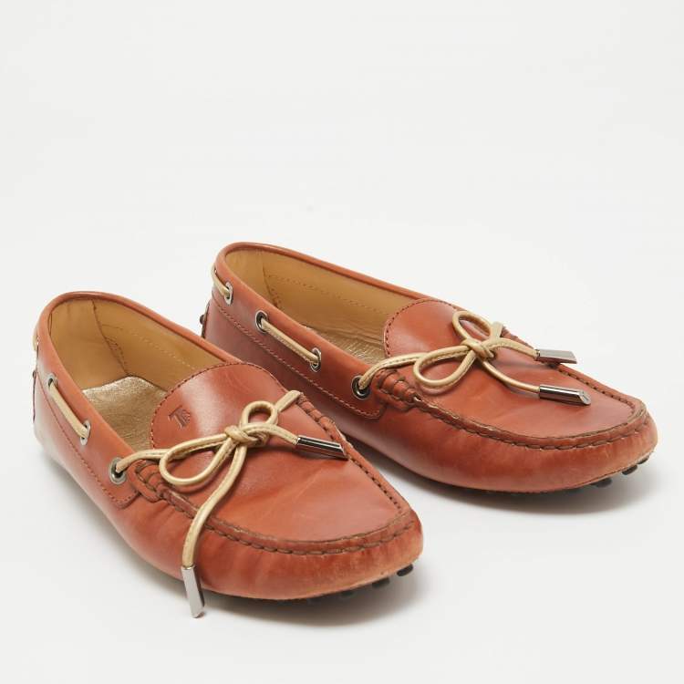 Pre Owned Tod's Brown Leather Gommino Bow Slip On Loafers Size 36