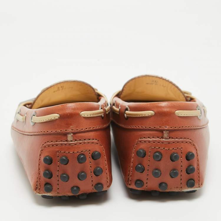 Pre Owned Tod's Brown Leather Gommino Bow Slip On Loafers Size 36