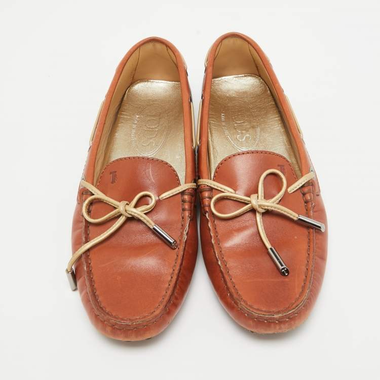 Pre Owned Tod's Brown Leather Gommino Bow Slip On Loafers Size 36
