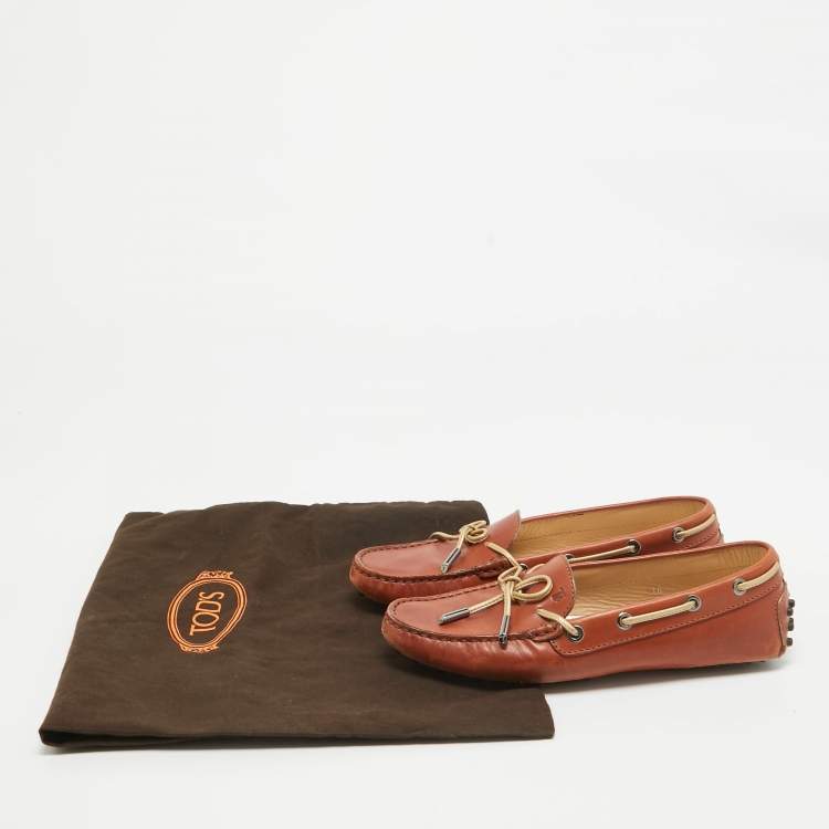 Pre Owned Tod's Brown Leather Gommino Bow Slip On Loafers Size 36