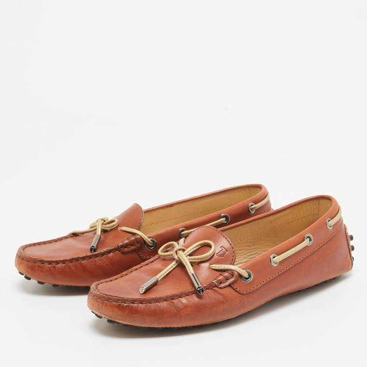 Pre Owned Tod's Brown Leather Gommino Bow Slip On Loafers Size 36
