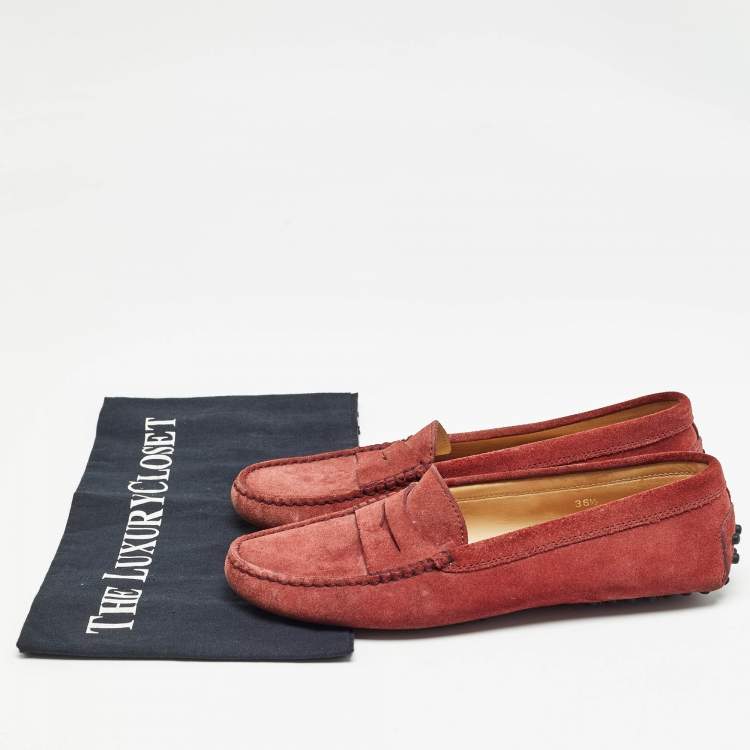 Pre Owned Tod's Red Suede Gommino Penny Slip On Loafers Size 36.5