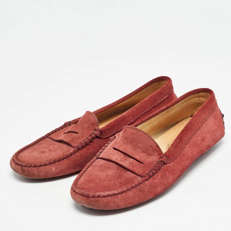 Pre Owned Tod's Red Suede Gommino Penny Slip On Loafers Size 36.5