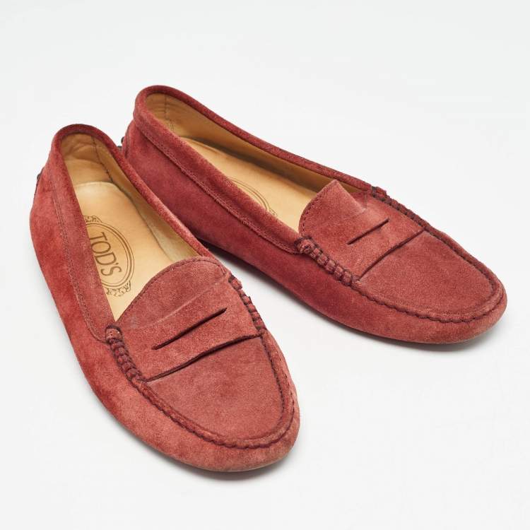 Pre Owned Tod's Red Suede Gommino Penny Slip On Loafers Size 36.5