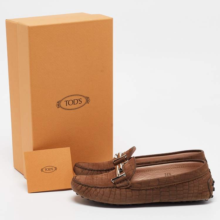 Pre Owned Tod's Brown Croc Embossed Leather Gommino Double T Slip On Loafers Size 36.5