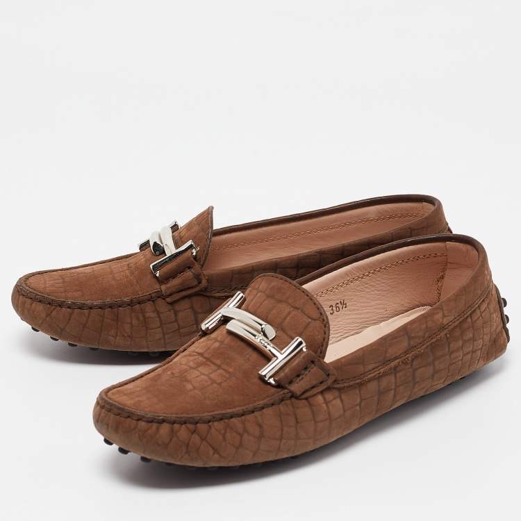 Pre Owned Tod's Brown Croc Embossed Leather Gommino Double T Slip On Loafers Size 36.5