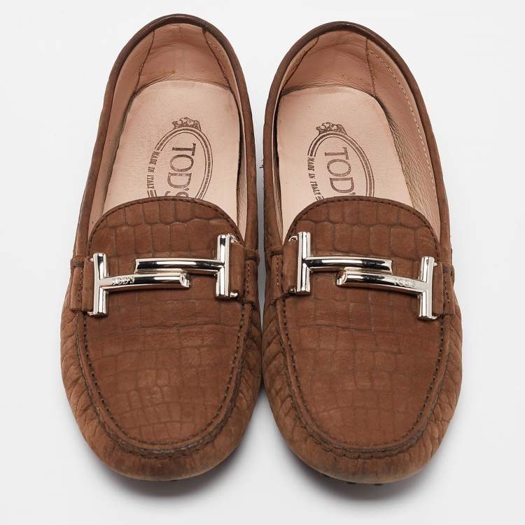 Pre Owned Tod's Brown Croc Embossed Leather Gommino Double T Slip On Loafers Size 36.5
