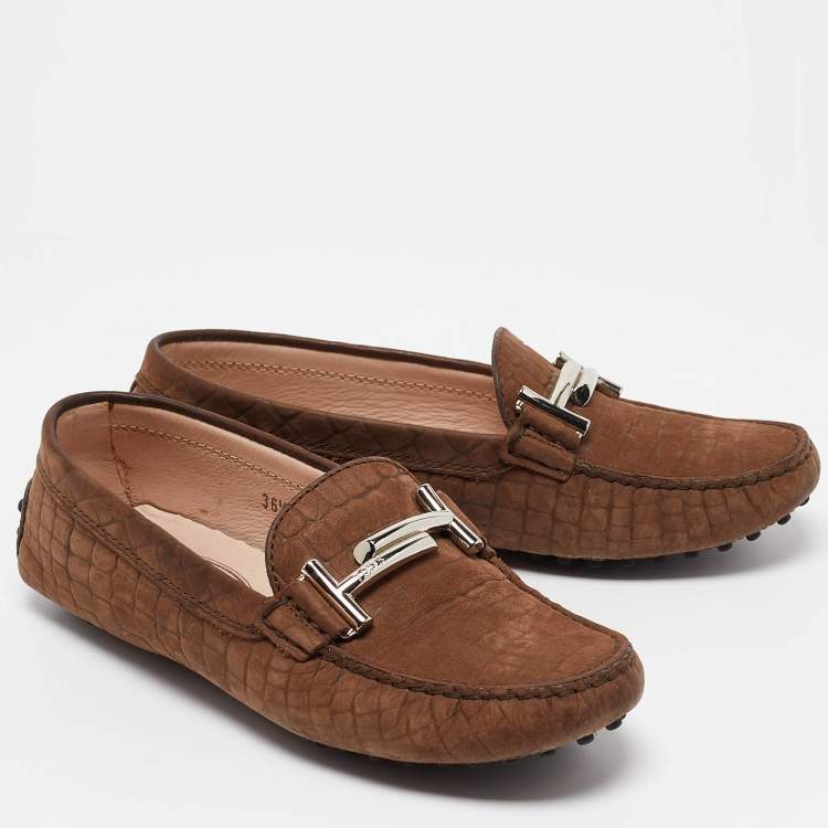 Pre Owned Tod's Brown Croc Embossed Leather Gommino Double T Slip On Loafers Size 36.5