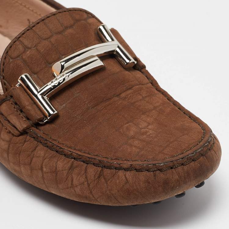 Pre Owned Tod's Brown Croc Embossed Leather Gommino Double T Slip On Loafers Size 36.5
