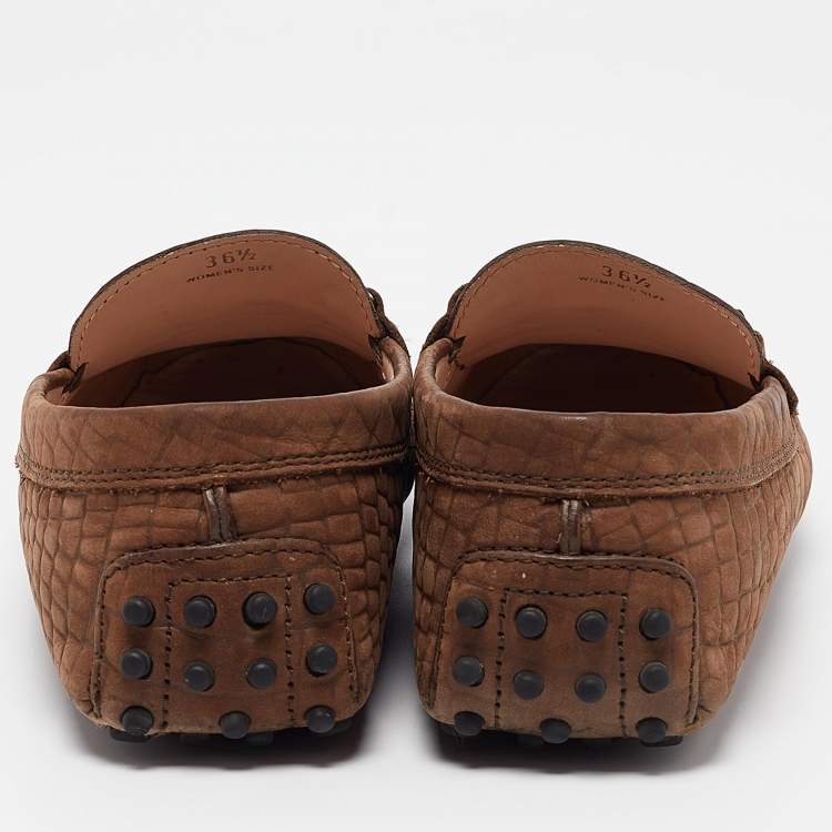 Pre Owned Tod's Brown Croc Embossed Leather Gommino Double T Slip On Loafers Size 36.5