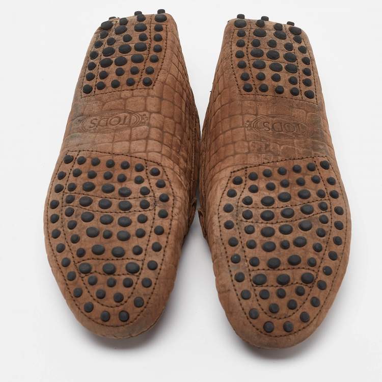 Pre Owned Tod's Brown Croc Embossed Leather Gommino Double T Slip On Loafers Size 36.5
