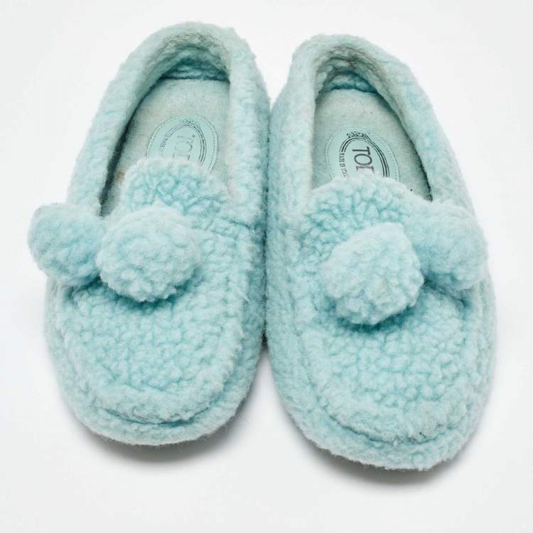 Pre Owned Tod's Blue Fur Pom Pom Loafers Size 39.5