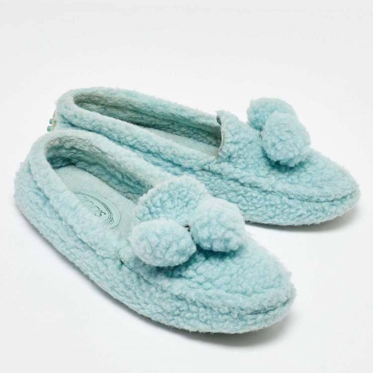 Pre Owned Tod's Blue Fur Pom Pom Loafers Size 39.5