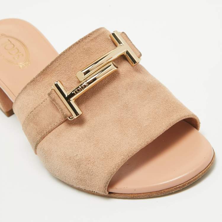 Pre Owned Tod's Pink Suede Double T Buckle Slide Sandals Size 36